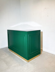 Luxury Green Cashier Counter with Brass Plinth & Glass Top – Retail Desk / Shop Counter