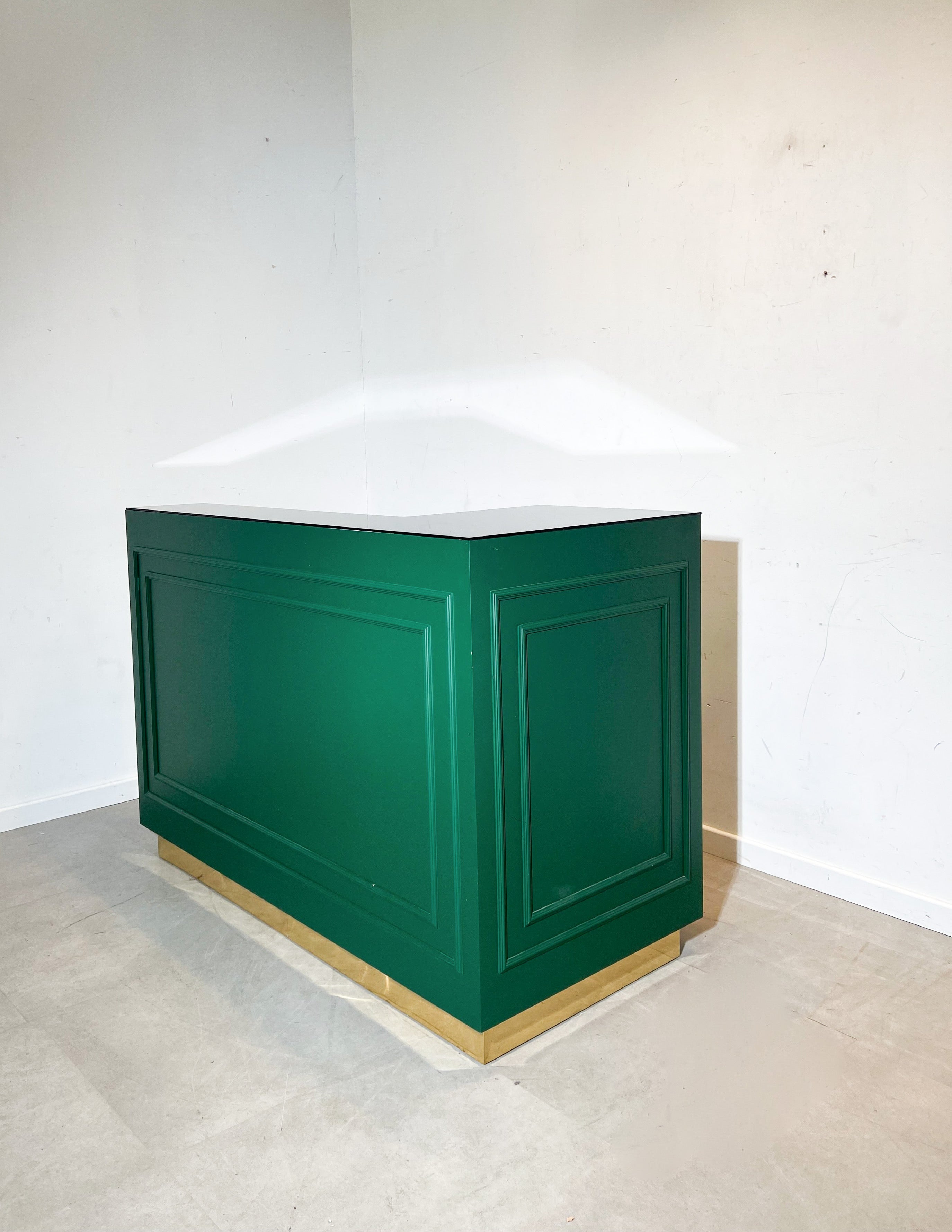 Luxury Green Cashier Counter with Brass Plinth & Glass Top – Retail Desk / Shop Counter
