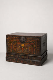 Antique Hand-Painted Wooden Chest – Oriental Scene – Storage Trunk