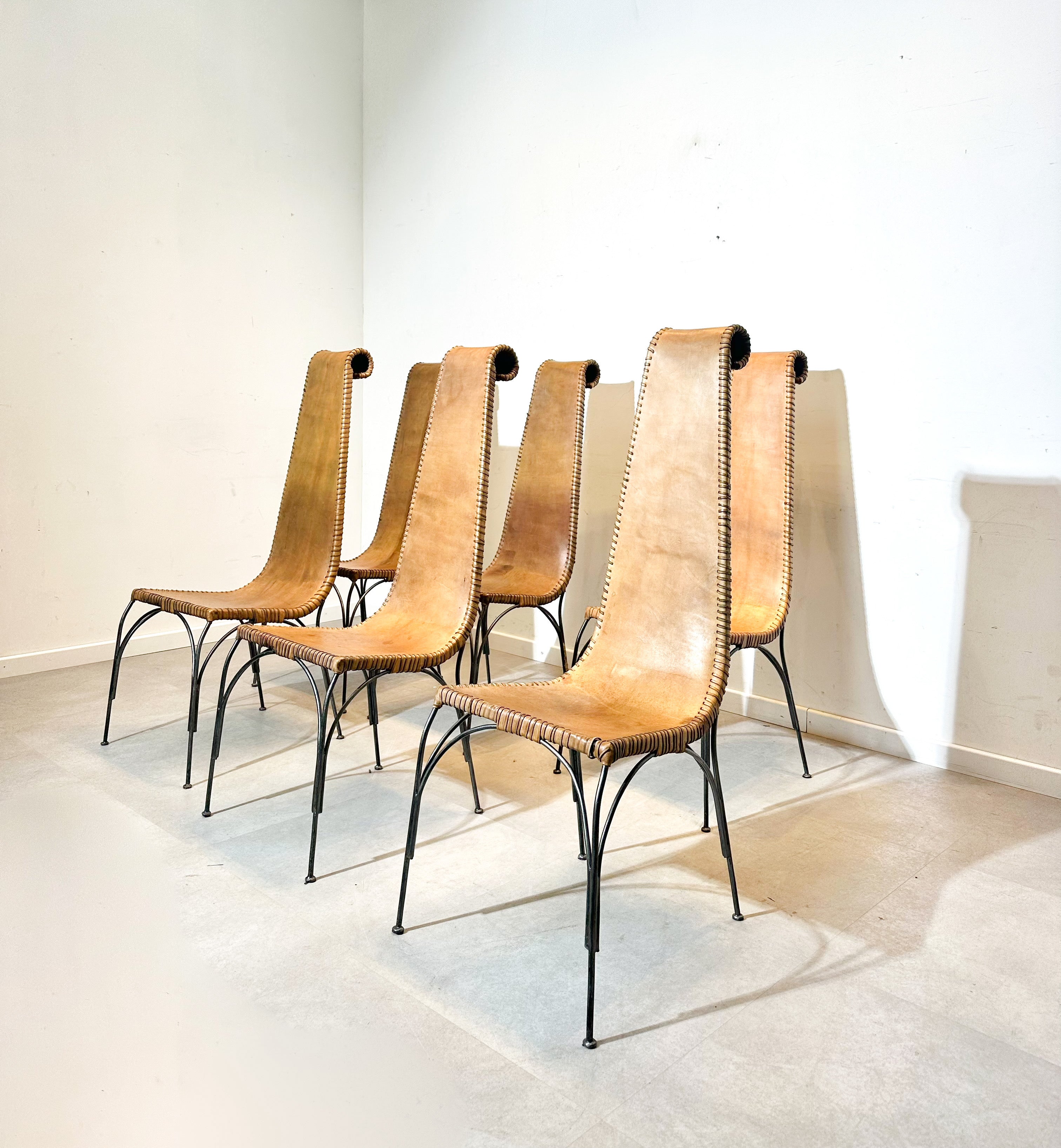 Set of 6 Iranian Leather & Cast Iron Dining Chairs