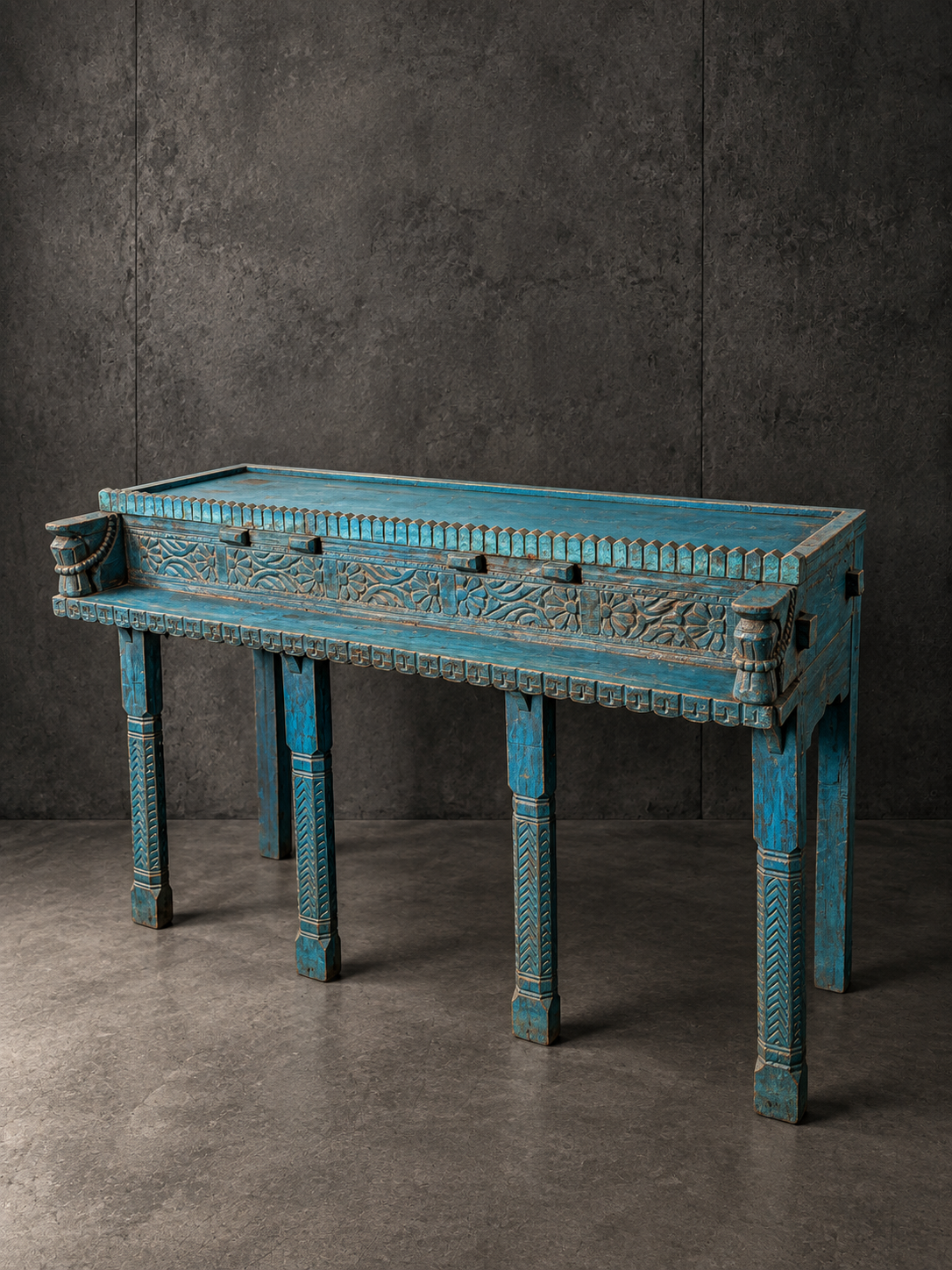 Indian Carved Console Table in Turquoise Blue