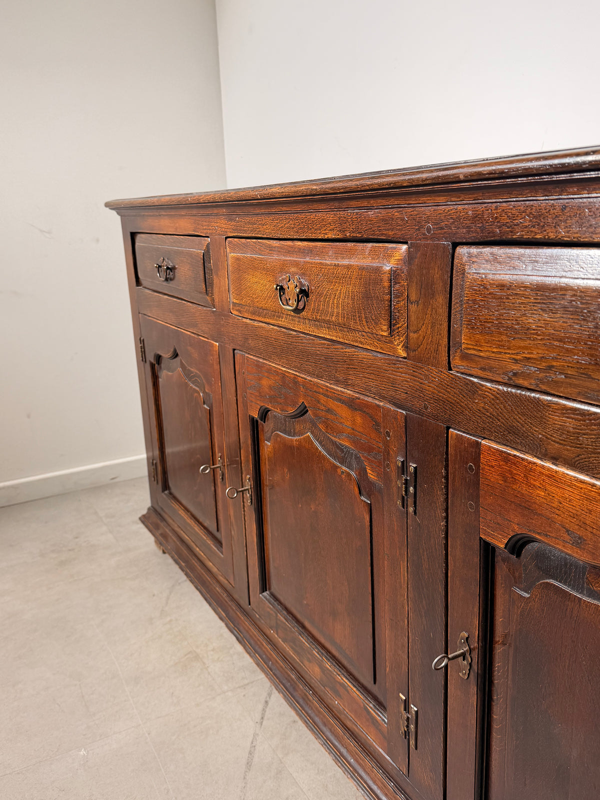 Antique Oak Sideboard with Three Doors and Drawers