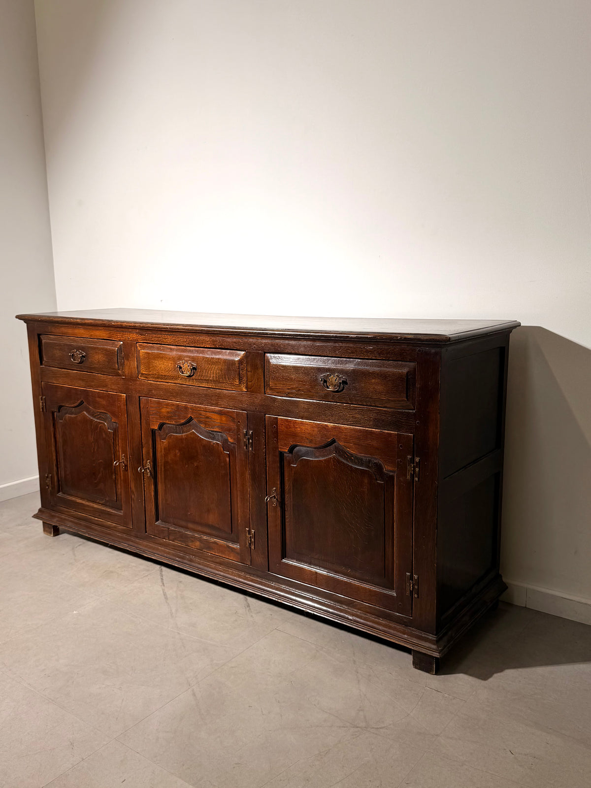 Antique Oak Sideboard with Three Doors and Drawers