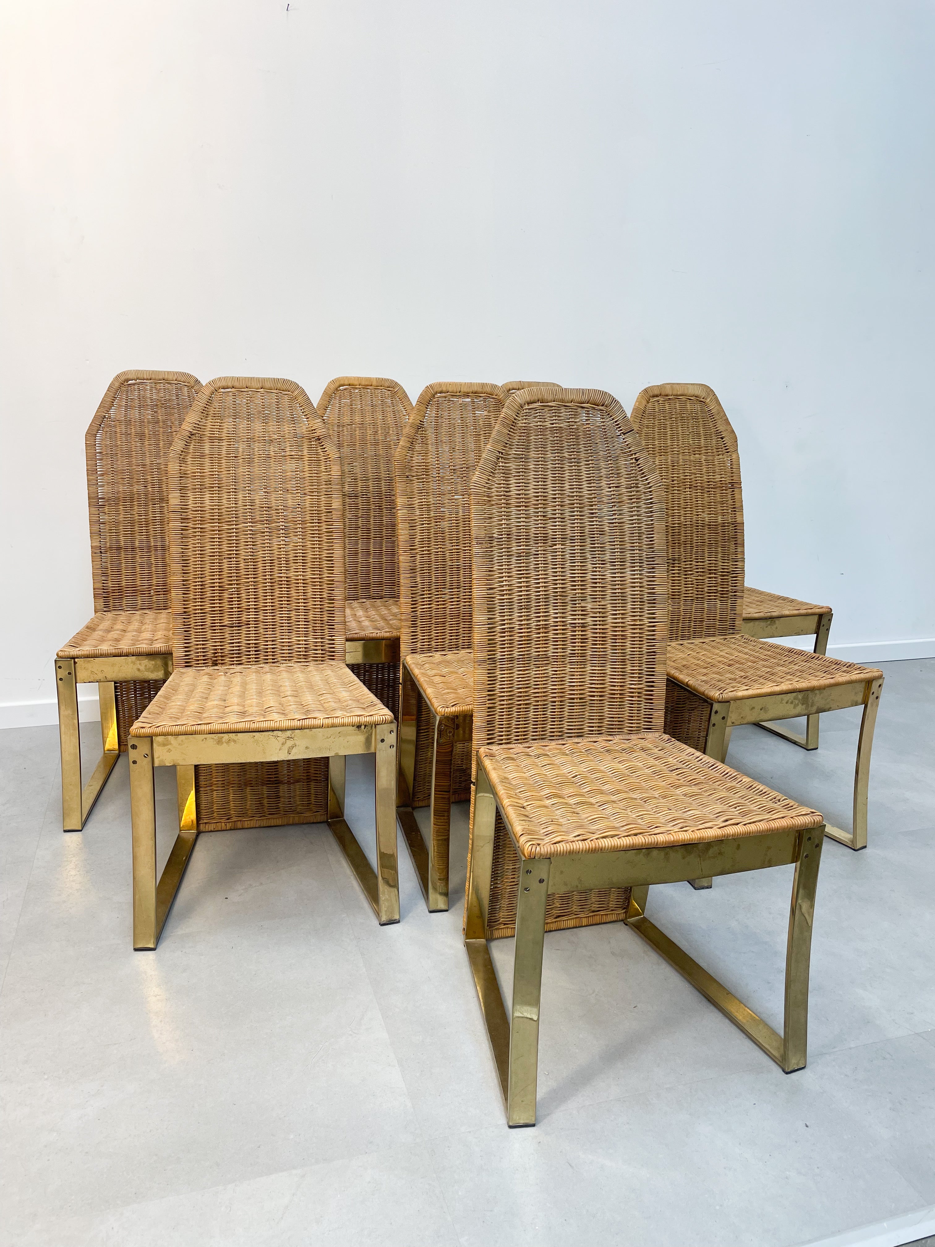 Set of 8 brass with ratan chairs